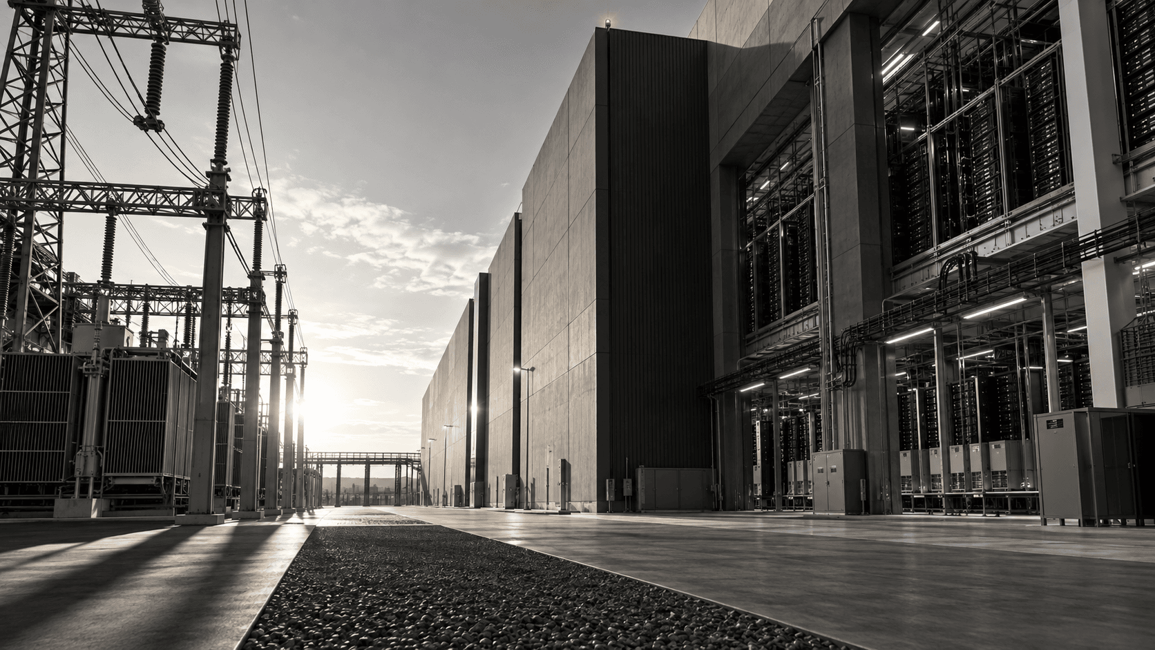 A high-voltage substation meeting a monumental AI data centre campus