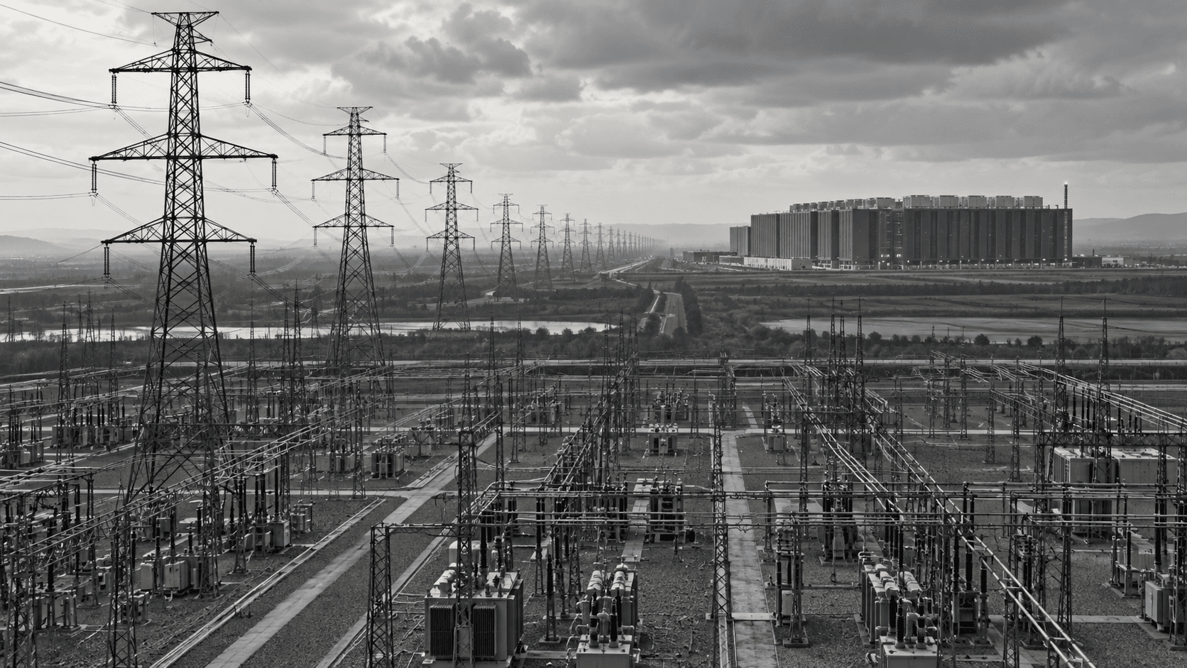 Transmission towers and a large substation supplying a distant data centre