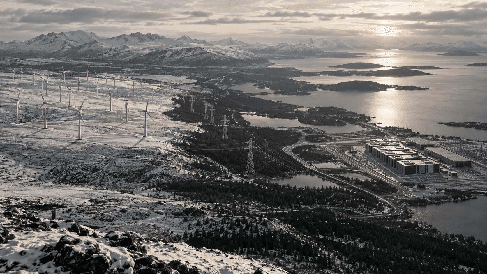 A winter energy landscape linking wind generation, transmission, and a data centre campus