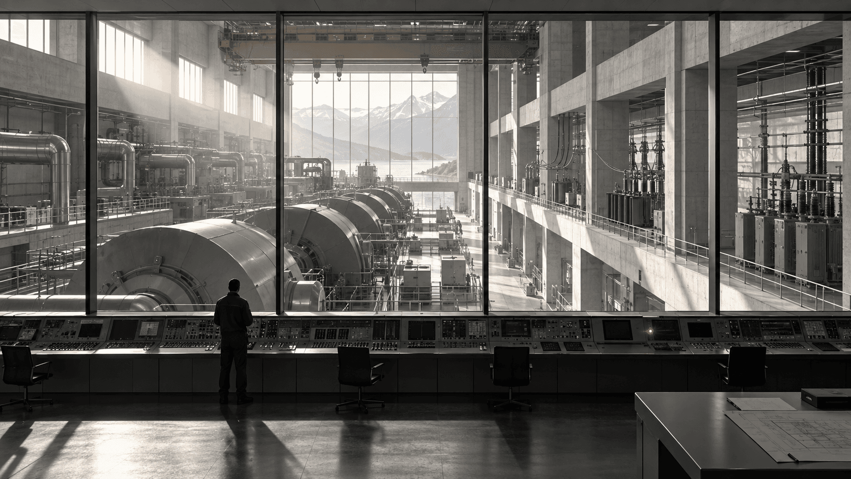 An operator overlooking a turbine hall from a large energy control room