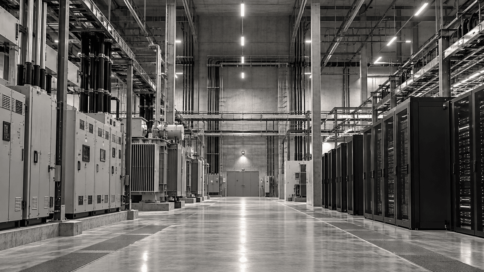 Electrical switchgear aligned opposite dense server racks in a compute facility